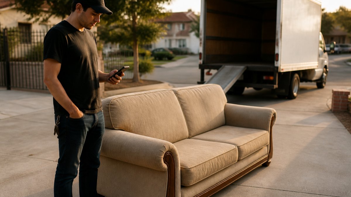 Person checking their phone next to a secondhand couch while waiting for a moving truck, a taskrabbit alternative.