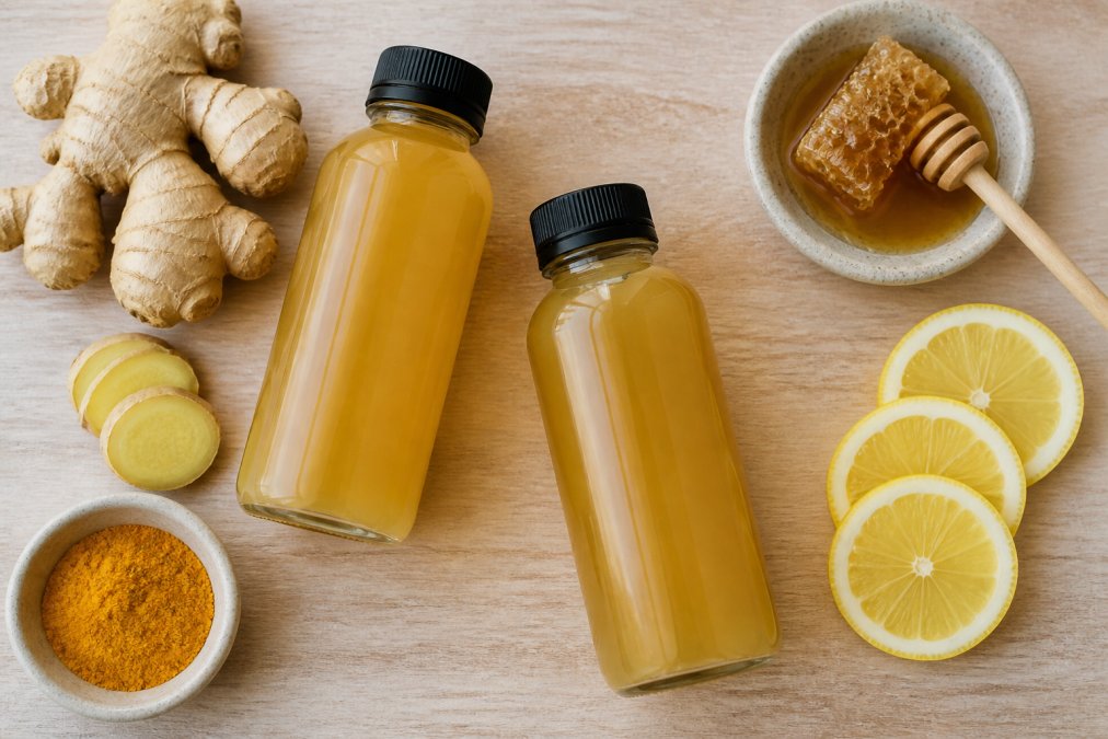 Overhead flat-lay of Bite Me Tonic bottles arranged with fresh ginger root, turmeric powder, lemon slices, and Manuka honey on a light wooden surface, showing the golden color and natural ingredients