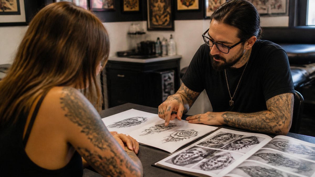 Tattoo artist and client reviewing design sketches during a consultation with the best tattoo artists Pacific Beach.