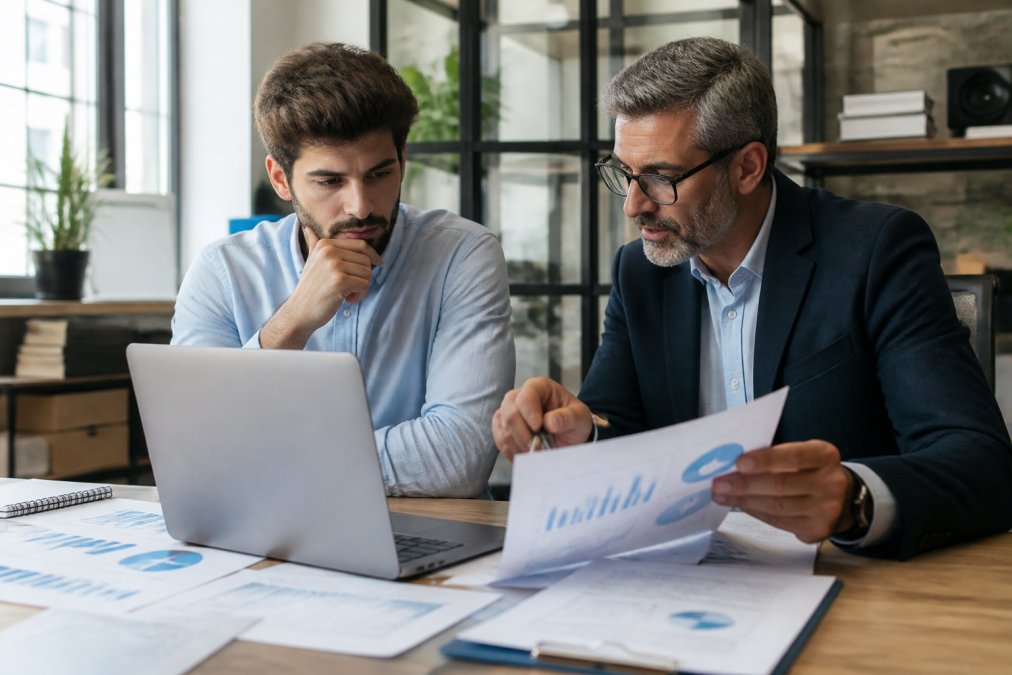 A startup founder in a bright modern office reviewing financial documents on a laptop while a tax advisor points to a projected spreadsheet showing quarterly figures