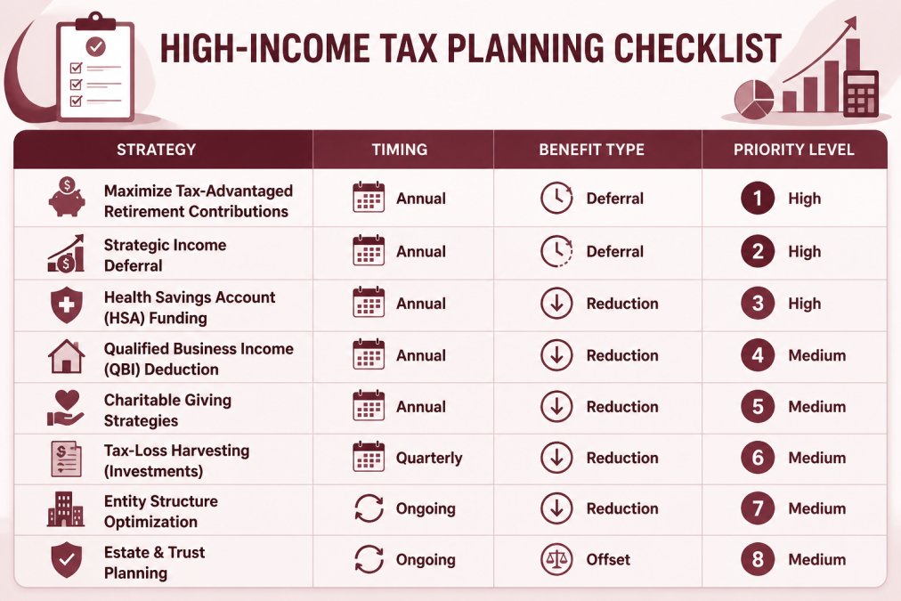 Matrix showing tax planning strategies for high-income earners: Strategy name, timing (annual/quarterly/ongoing), benefit type (deferral/reduction/offset), and priority level