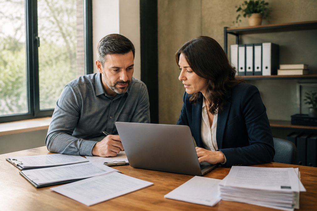 A business owner in a casual office setting reviewing financial documents with an accountant, both looking at a laptop screen with natural window light