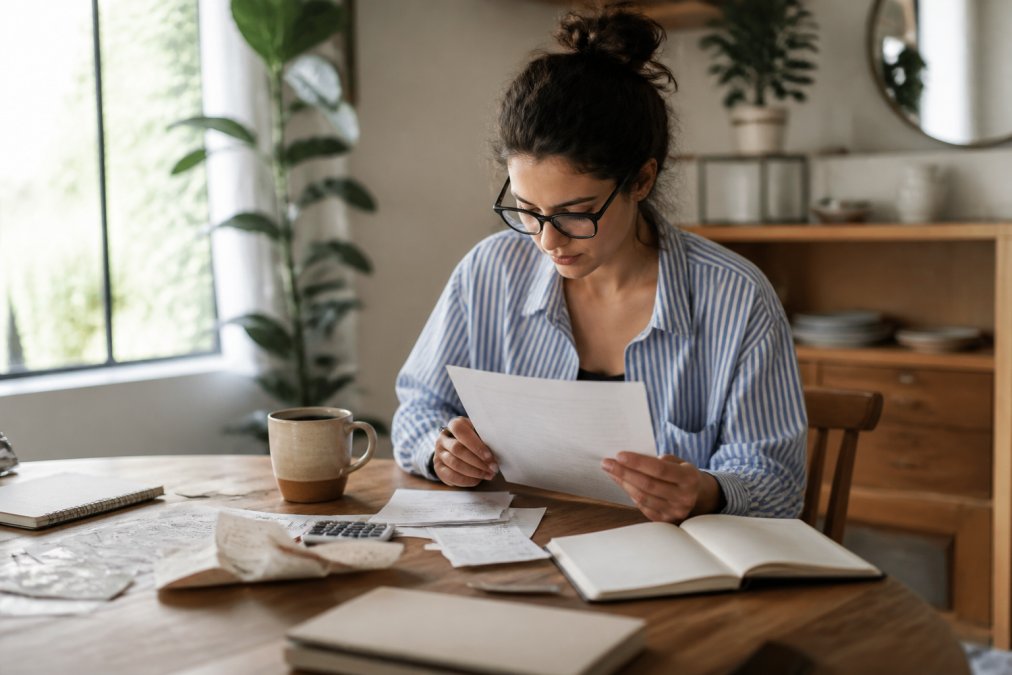 Freelancer sitting at a home desk reviewing tax documents on a laptop, with a coffee mug and notebook nearby, natural window light