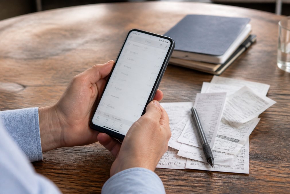 Close-up of hands holding a smartphone showing a financial tracking app, with receipts and a pen spread on a wooden table