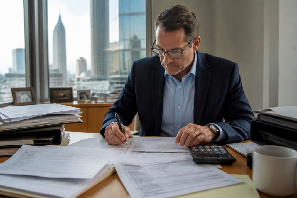 Professional accountant reviewing tax residency documents and forms at desk with laptop and calculator in modern office