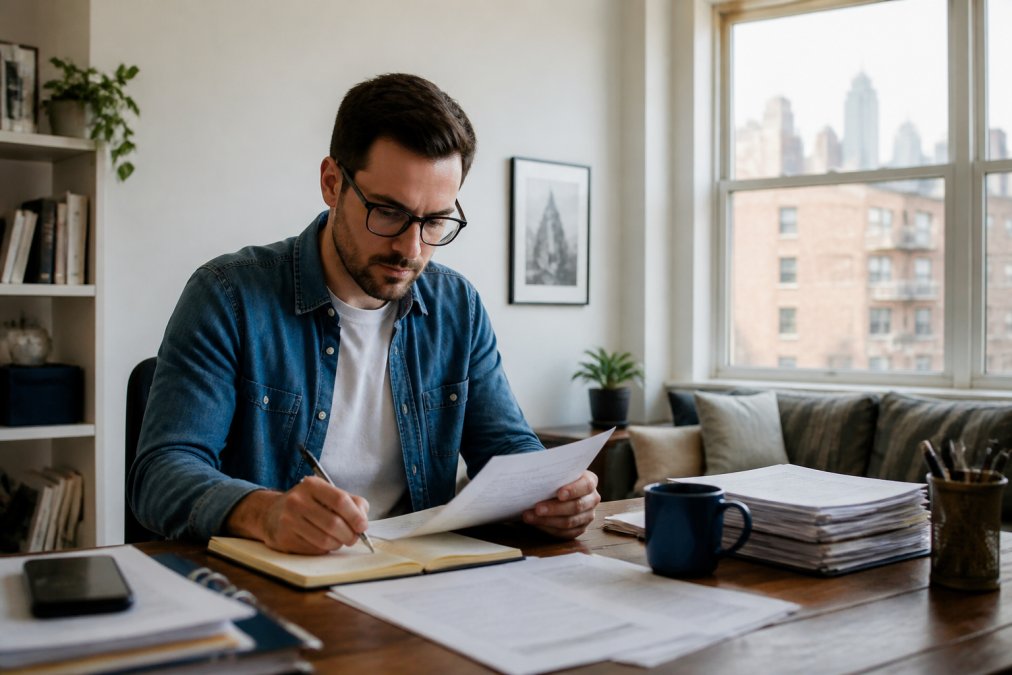 Remote worker at home office desk with laptop, coffee, and notepad, representing flexible work arrangements and tax implications