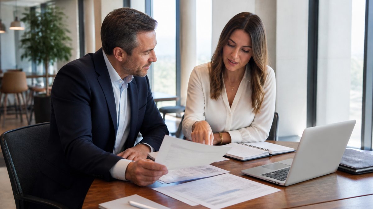 Business owner and tax strategy firm advisor reviewing financial documents at a modern office conference table