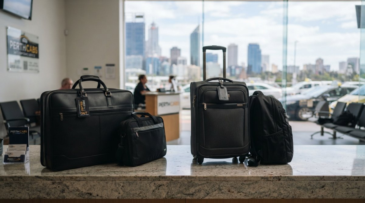 Professional business traveller in dark business suit entering a luxury sedan at Perth Airport terminal, uniformed driver assisting with luggage, morning light