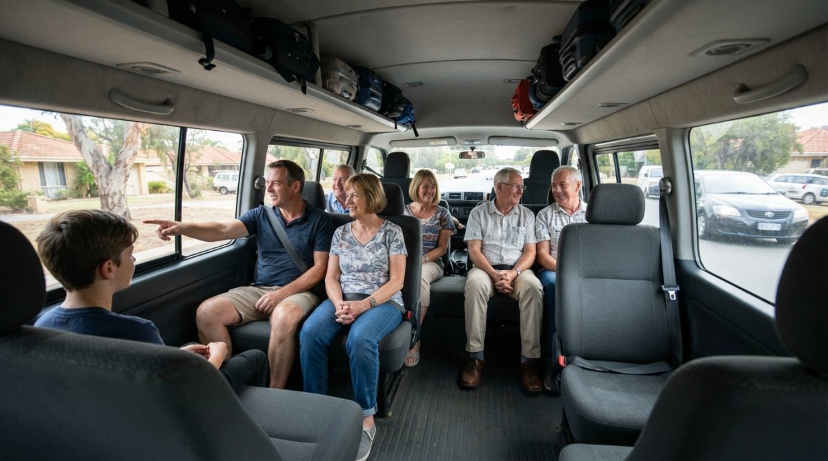 Interior of spacious maxi taxi with six passengers seated comfortably across three rows, overhead luggage racks visible, natural light from windows showing generous headroom