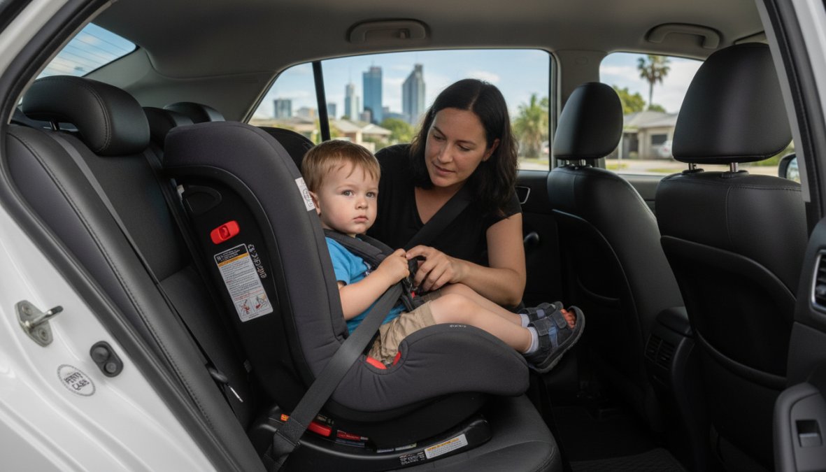 Parent securing a child in a properly installed car seat in the back of a taxi, showing correct positioning and safety straps fastened
