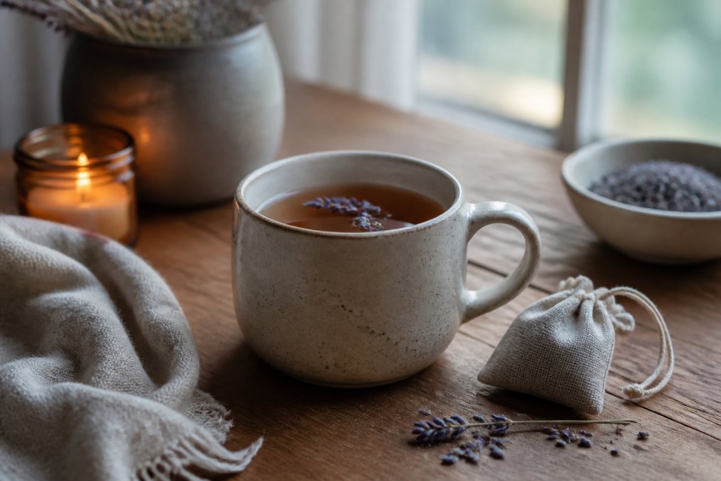 A calm, cozy scene with a ceramic mug of lavender tea on a wooden table, soft evening light, and a small linen tea infuser beside it