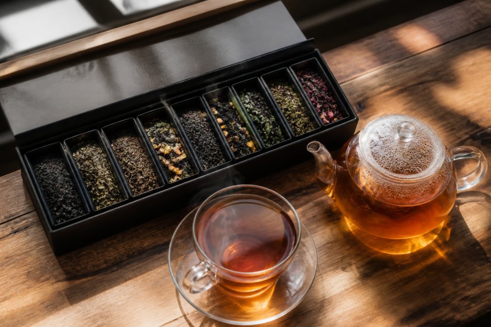 A close-up overhead shot of an open tea tasting flight box on a wooden table, showing eight individual whole-leaf tea sachets arranged in a row, with a glass teapot and a steaming cup of amber tea beside it, natural window light casting soft shadows