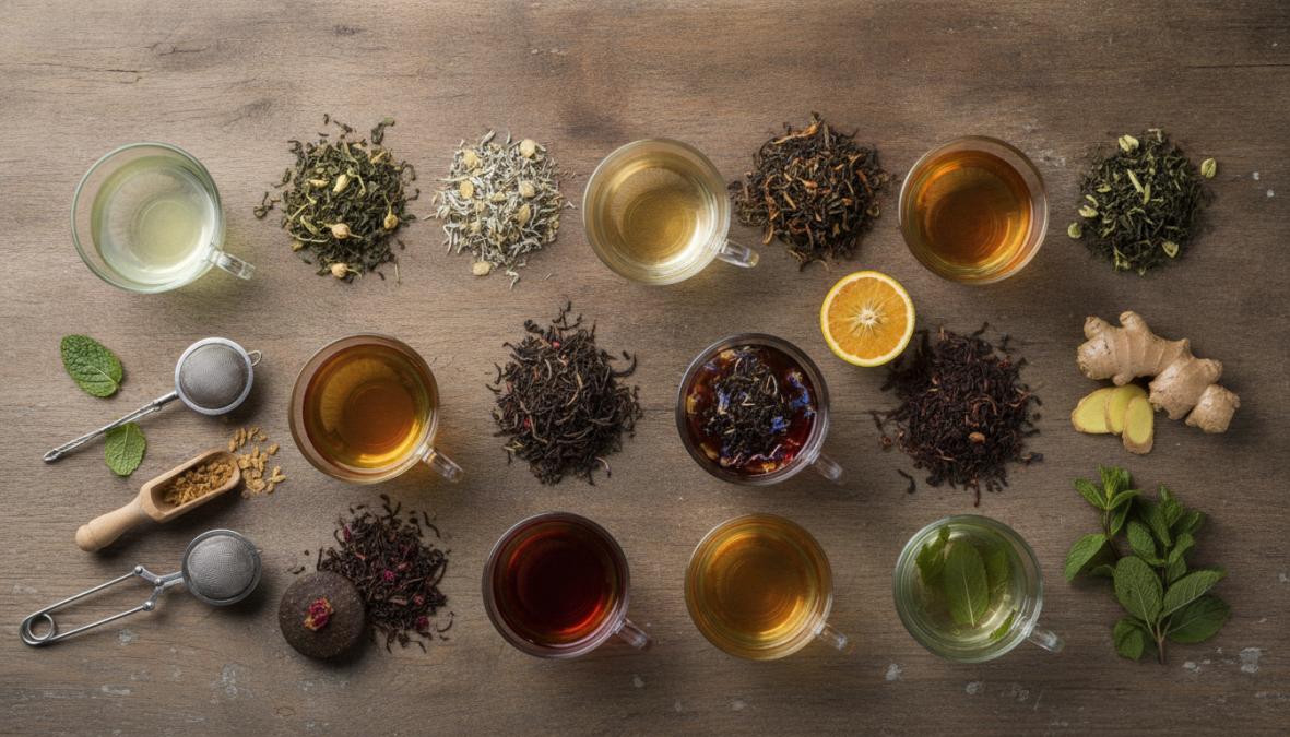 Flat-lay overhead shot of ten small glass cups and ceramic bowls arranged on a worn wooden table, each holding a different brewed tea ranging from pale yellow-green to deep amber, with loose leaf tea, dried chamomile flowers, fresh mint sprigs, and sliced ginger root scattered artfully between them under warm natural window light