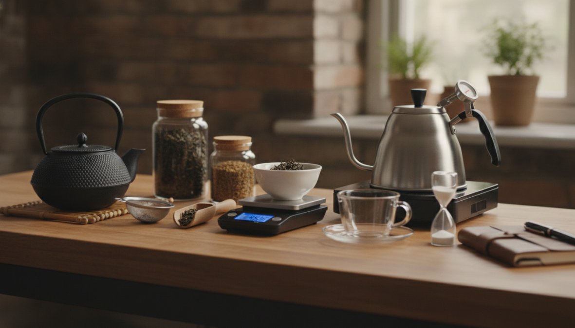 Close-up of a person's hands carefully pouring hot water from a matte black gooseneck kettle into a clear glass teapot containing unfurling loose leaf green tea leaves, with a wooden steeping timer and a digital thermometer resting on a clean white marble kitchen counter in soft morning light