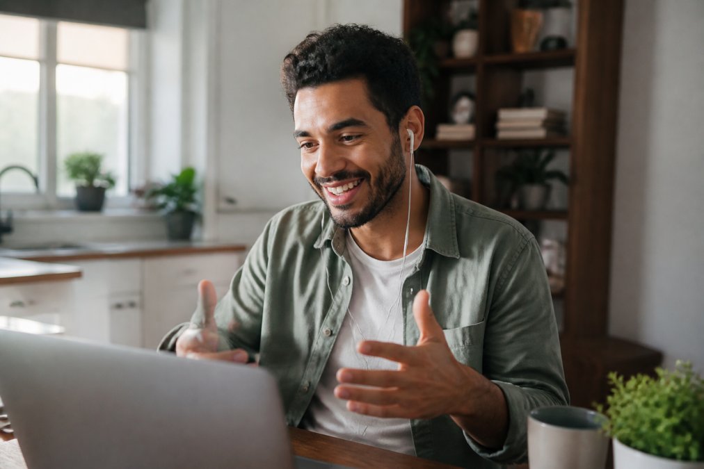 A diverse remote team on a video conference call, with one person smiling and gesturing while others appear engaged on screen in a bright home office setting