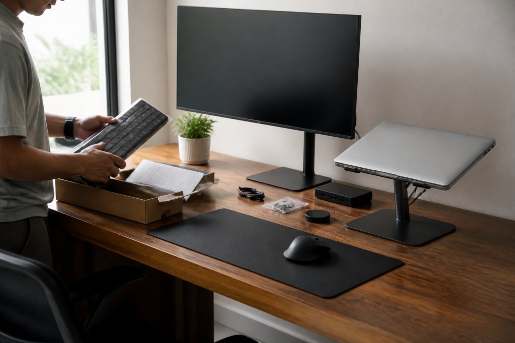 Clean, well-lit home office desk with a large external monitor elevated on a laptop stand, mechanical keyboard and wireless mouse arranged neatly with minimal cable clutter, warm natural window lighting from the left