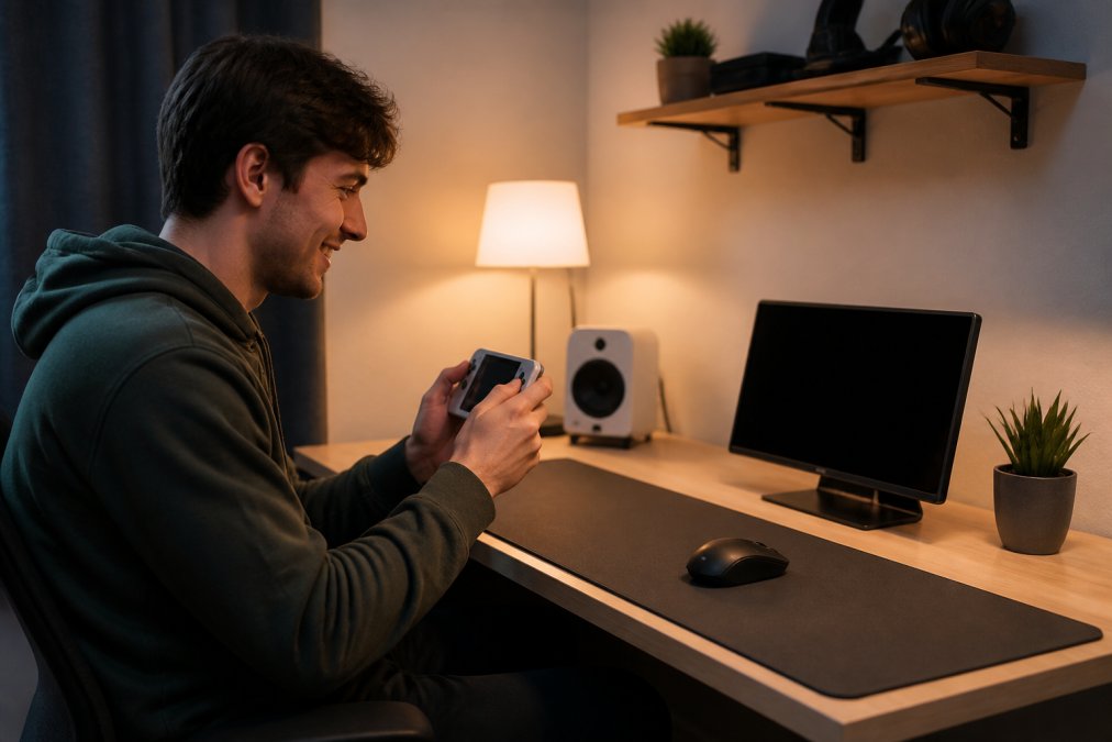 A casual gamer sitting at a compact desk with a handheld retro console, a wireless mouse, and a small monitor, smiling while playing in a cozy room with warm lighting