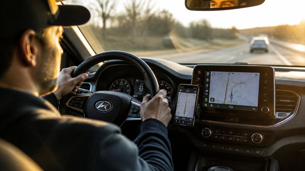 Diagram showing how commuter tech connects smartphone maps to a car infotainment screen for live navigation.