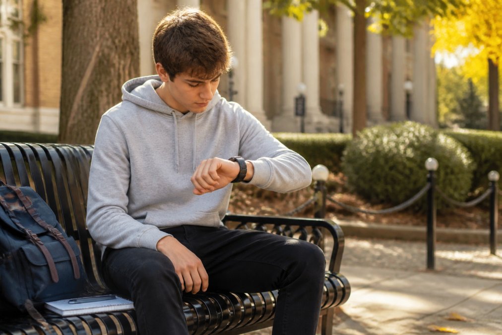 College student checking a rugged smartwatch on a campus bench, one of the best tech gadgets for college students compared.
