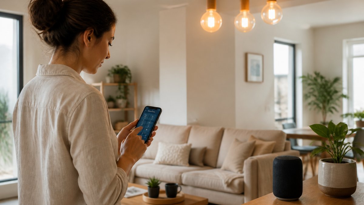 Infographic showing a person controlling home lighting and smart speakers, representing the best tech gadgets for home