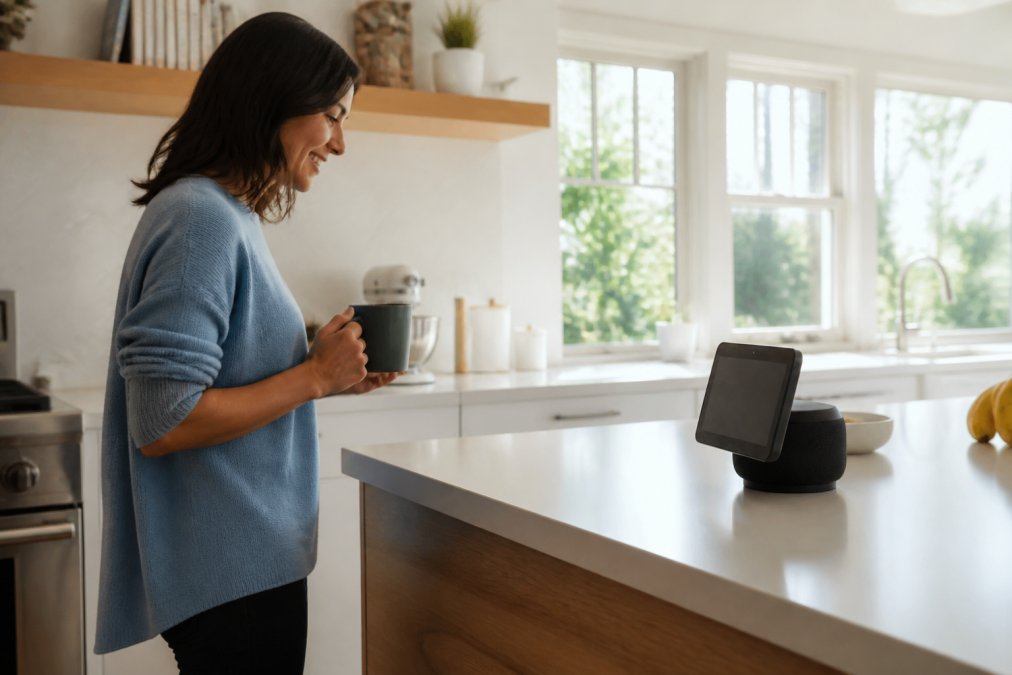 Person in bright kitchen interacting with Echo Show 10 smart display mounted on counter, screen rotating toward them while they hold a coffee mug, morning sunlight streaming through windows