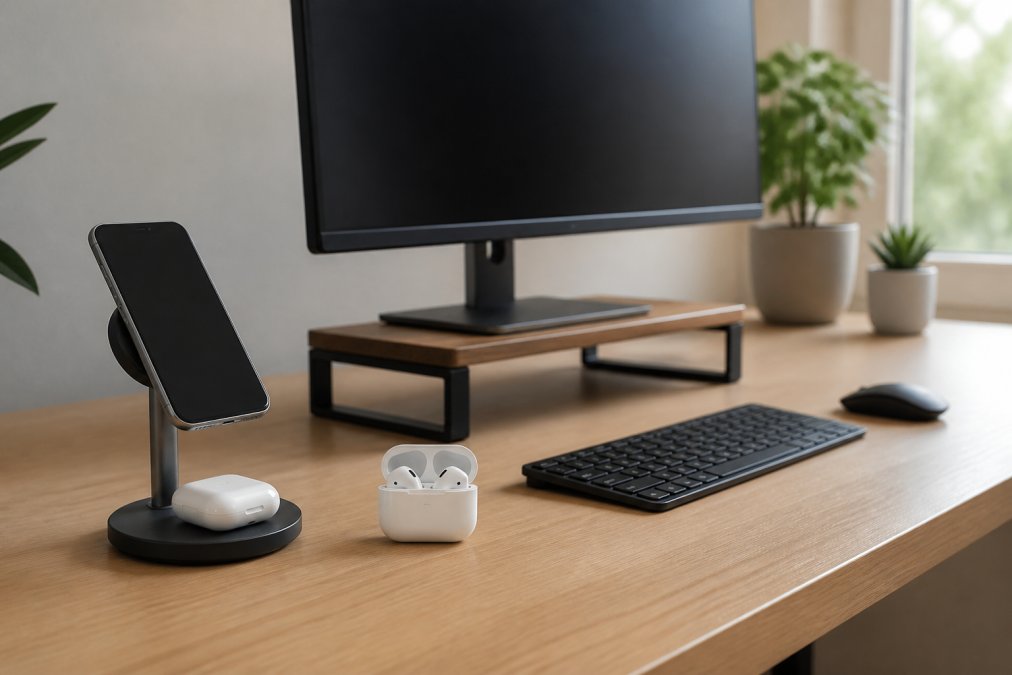 Clean modern home office desk featuring a magnetic wireless charger holding a phone and earbuds, a 24-inch monitor on a stand, and wireless earbuds in their case, all arranged neatly with soft natural window light