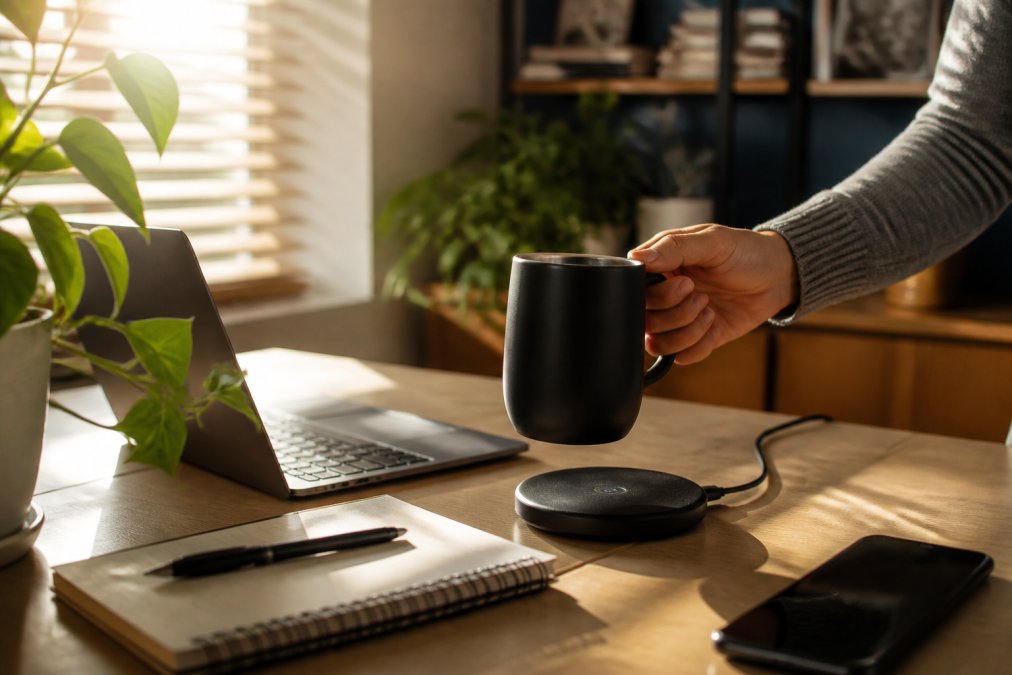 Person lifting a matte black smart mug from a charging coaster at a sunlit home office desk for tech gift ideas