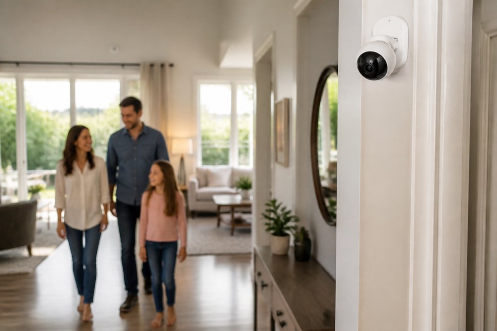 Modern home living room with a mounted security camera on the wall above a doorway, with a family walking past, natural daylight streaming through windows