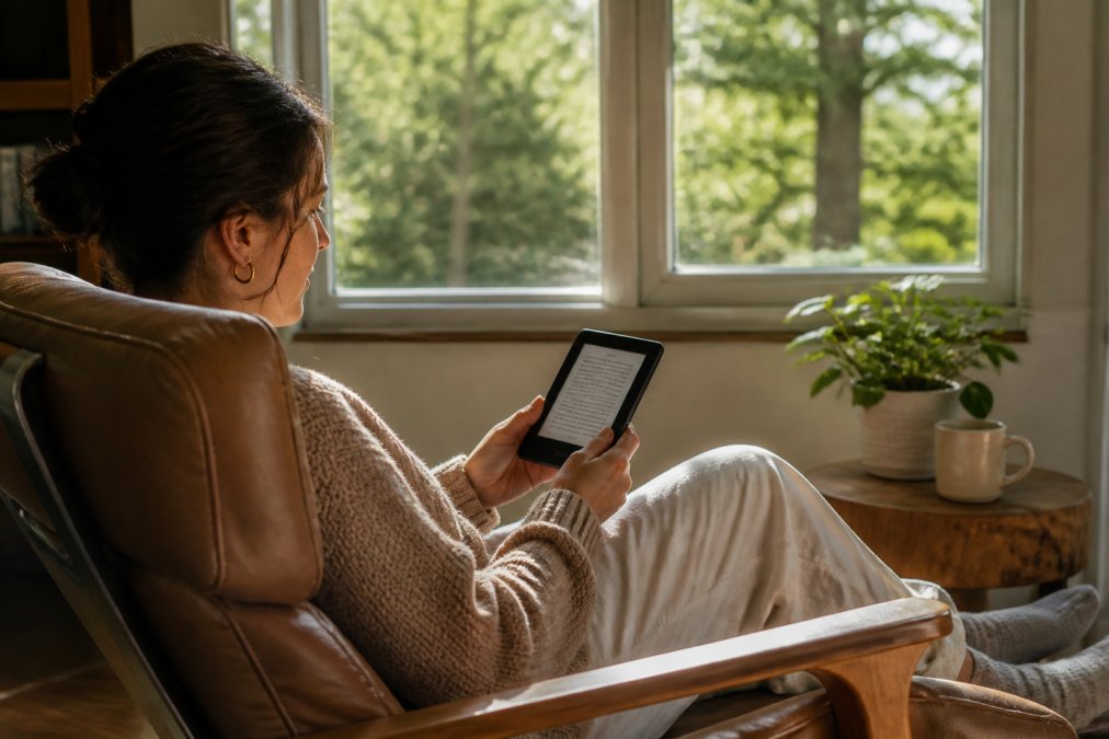 Person relaxing in a comfortable chair by a window, reading on a Kindle Paperwhite with natural light streaming in, warm and peaceful setting