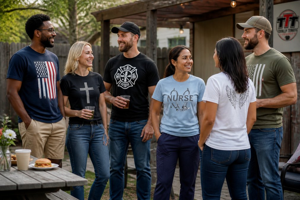 A diverse group of people wearing meaningful custom-designed t-shirts gathered together outdoors, including patriotic designs, faith-based messages, and profession-specific themes like nursing, smiling and engaging in conversation