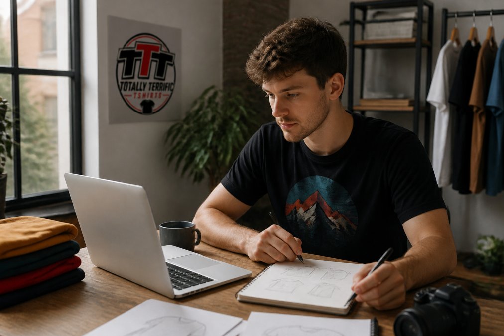 Entrepreneur reviewing print on demand profit margins while researching teepublic alternatives on a laptop.