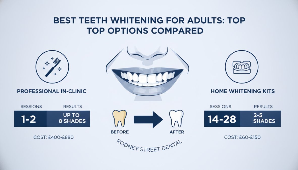Close-up of an adult's bright, confident smile showing visibly whiter teeth after professional whitening treatment in clinical setting