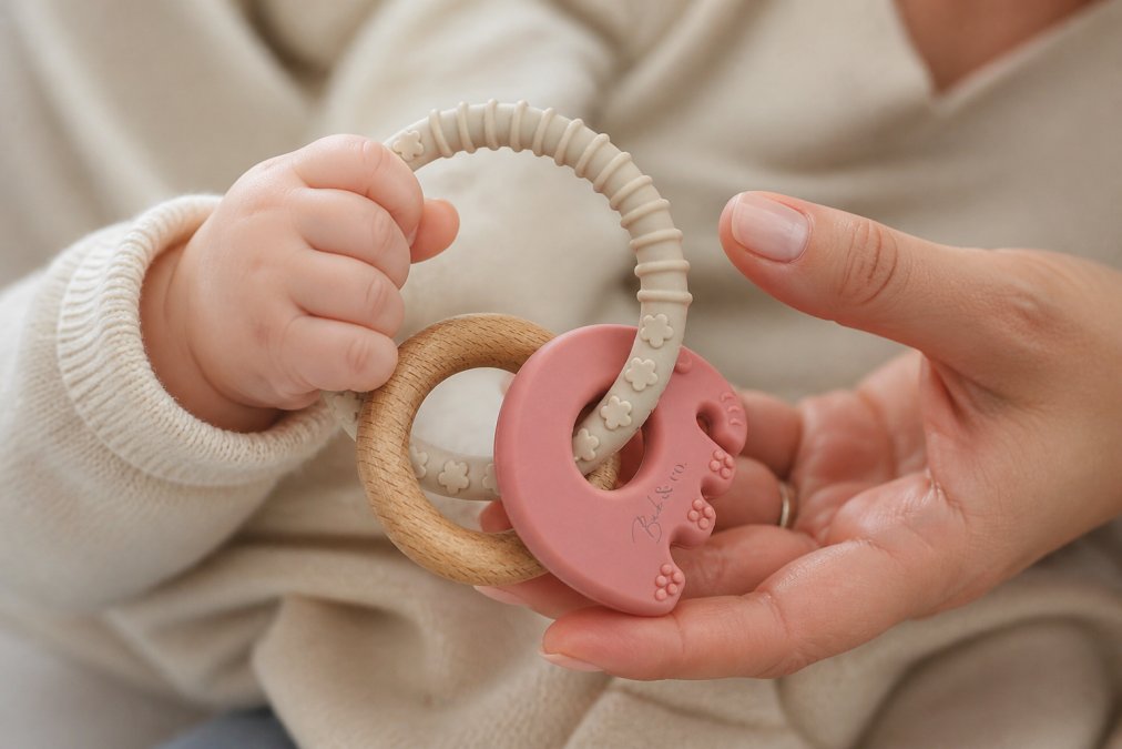Close-up of a baby's hand grasping a soft silicone teether with textured ridges, parent's reassuring hand nearby showing proper ergonomic grip and the detailed surface design