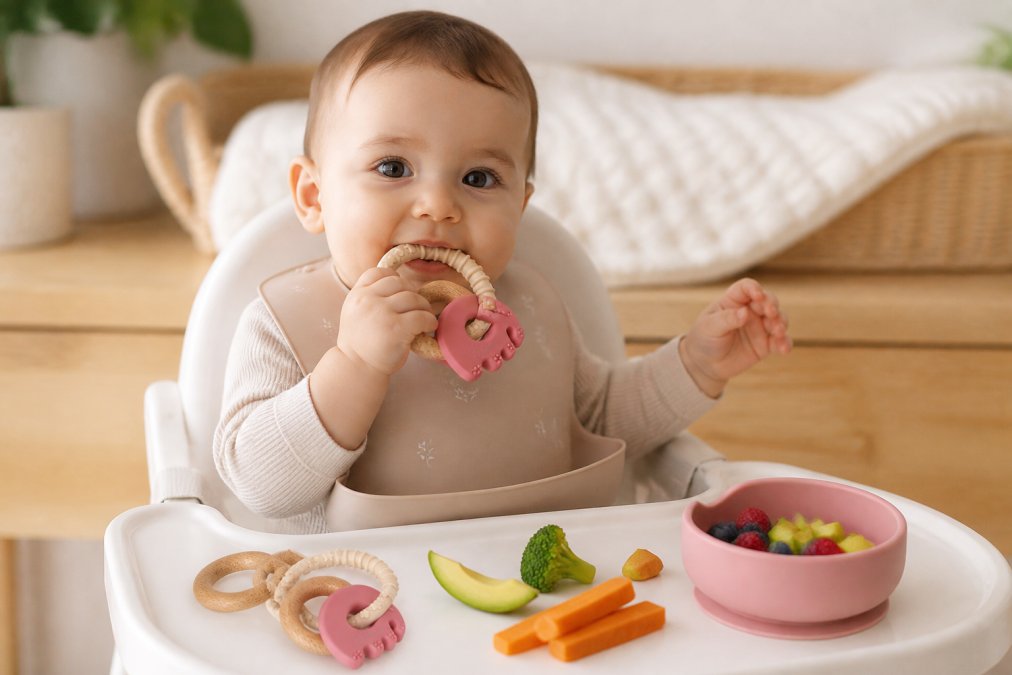 Infant sitting at high chair with various food-grade silicone teethers within easy reach, demonstrating safe exploration and grasping during early self-feeding stages with natural lighting