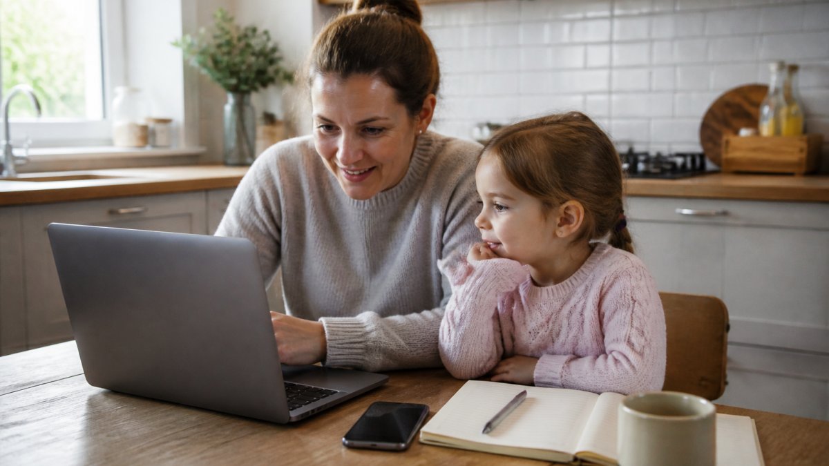 A parent sitting at a kitchen table with a laptop open to a video visit, a young child beside them, a phone and a notebook with health notes nearby in warm natural light