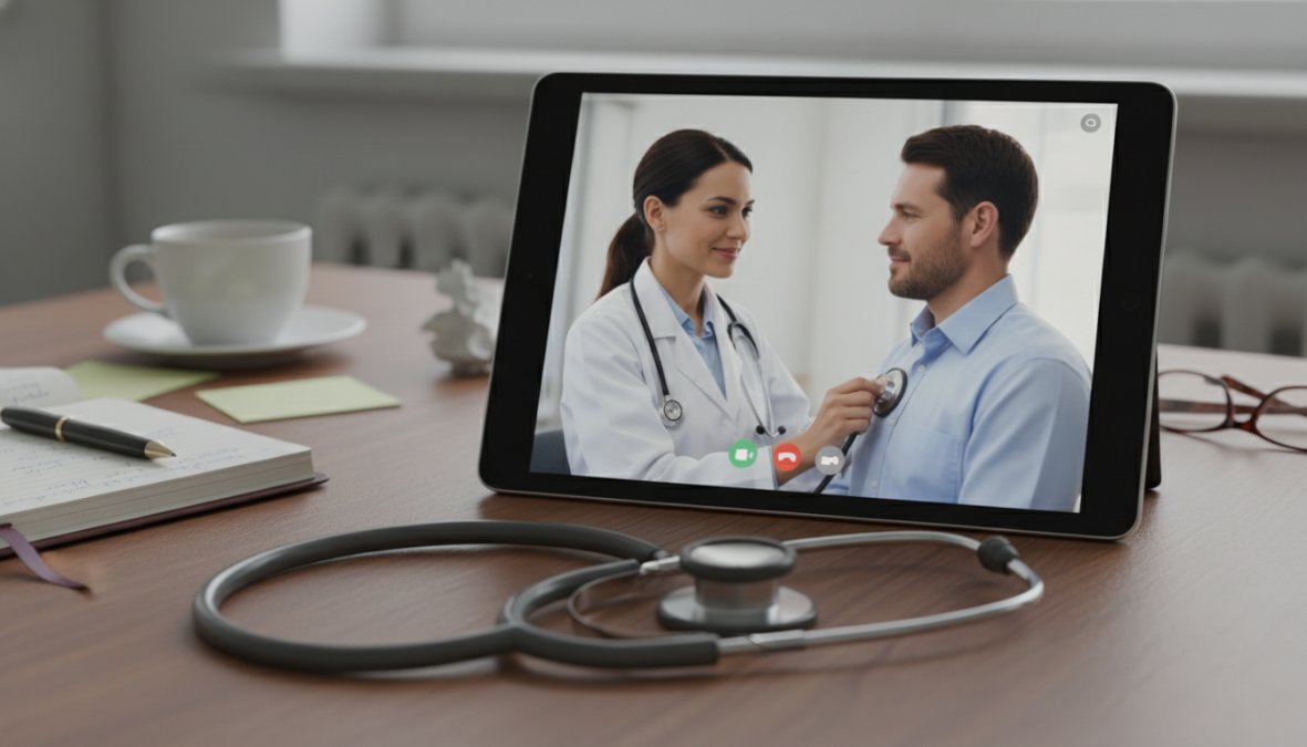 Close-up of a person's hands holding a smartphone displaying a clean medical messaging app interface with a stethoscope resting on a wooden desk nearby, soft indoor lighting