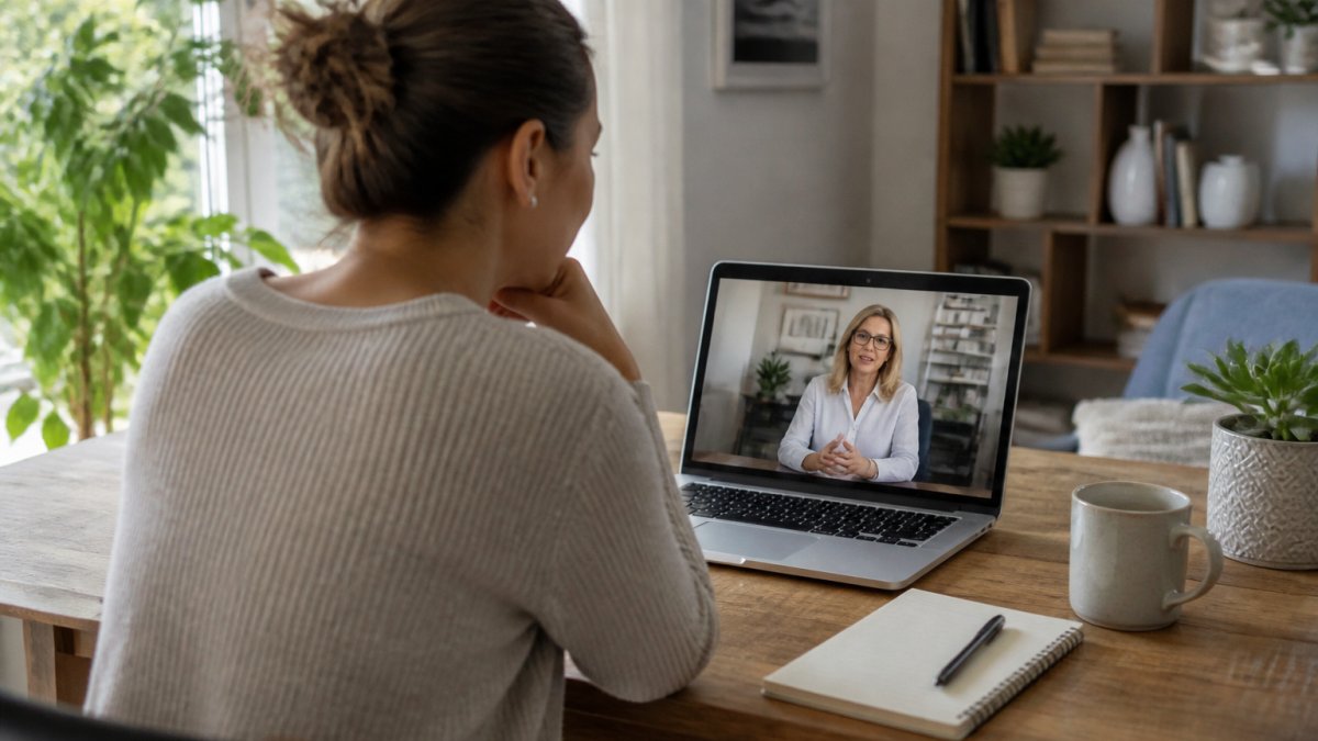 A person sitting at a home desk with a laptop open to a video call with a therapist, notebook and coffee nearby, soft natural window light