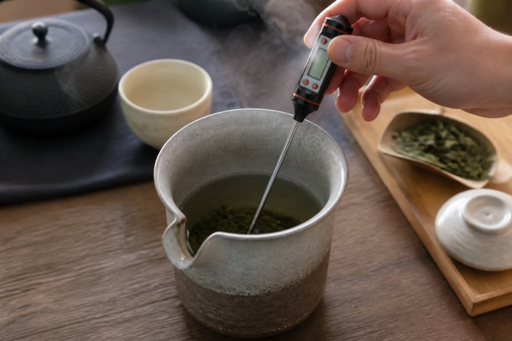 Close-up of a hand holding a digital thermometer in a ceramic brewing vessel filled with hot water, with loose leaf green tea visible at the bottom and steam rising gently
