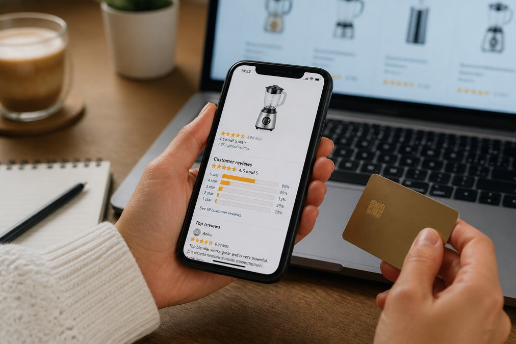 Close-up of hands holding a smartphone displaying a product listing with customer reviews and ratings visible on screen, with a credit card and laptop in the background