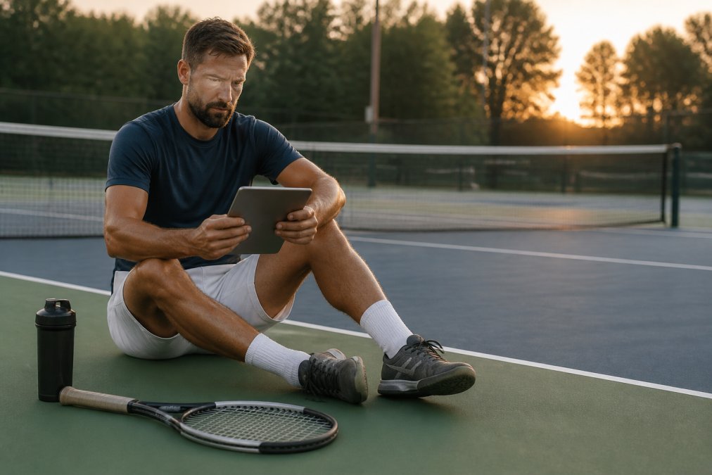 An adult tennis player in athletic wear reviewing a tablet on a public hard court at golden hour, racket and water bottle resting nearby