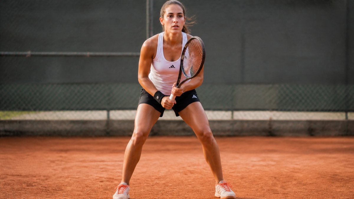 Beginner tennis player demonstrating split step position on clay court, feet shoulder-width apart, knees bent, racket held at chest height, ready to move in any direction with focused expression