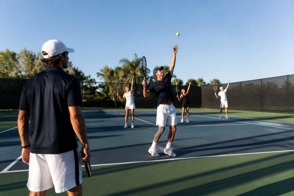 A group of adult tennis players practicing serve technique on an outdoor hard court, coach standing at the baseline observing a player's ball toss, sunny afternoon light casting long shadows across the court surface