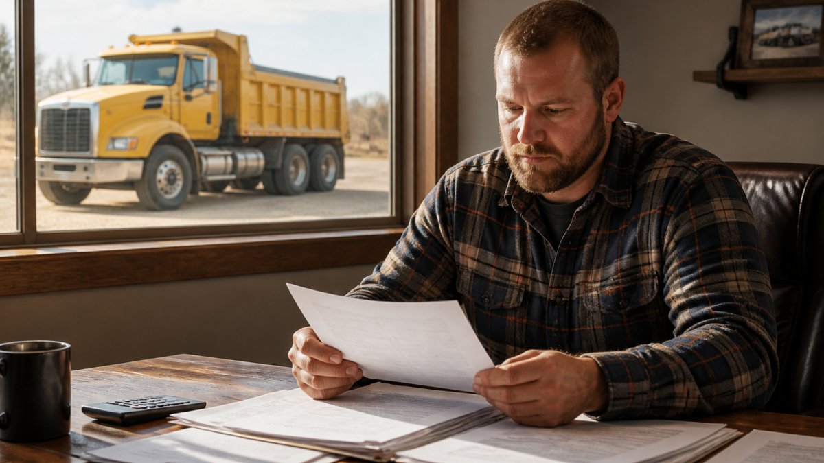 Construction business owner reviewing dump truck financing paperwork at a desk with a truck visible outside
