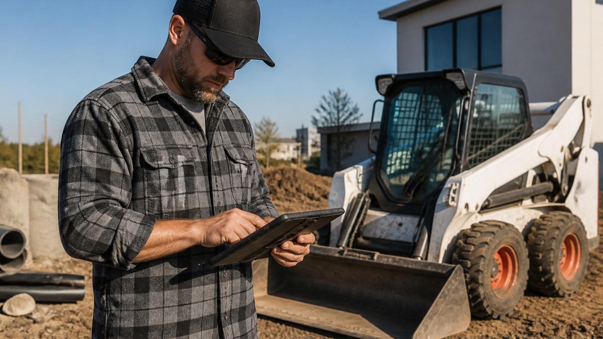Construction business owner reviewing skidsteer financing paperwork on a tablet at a sunny job site