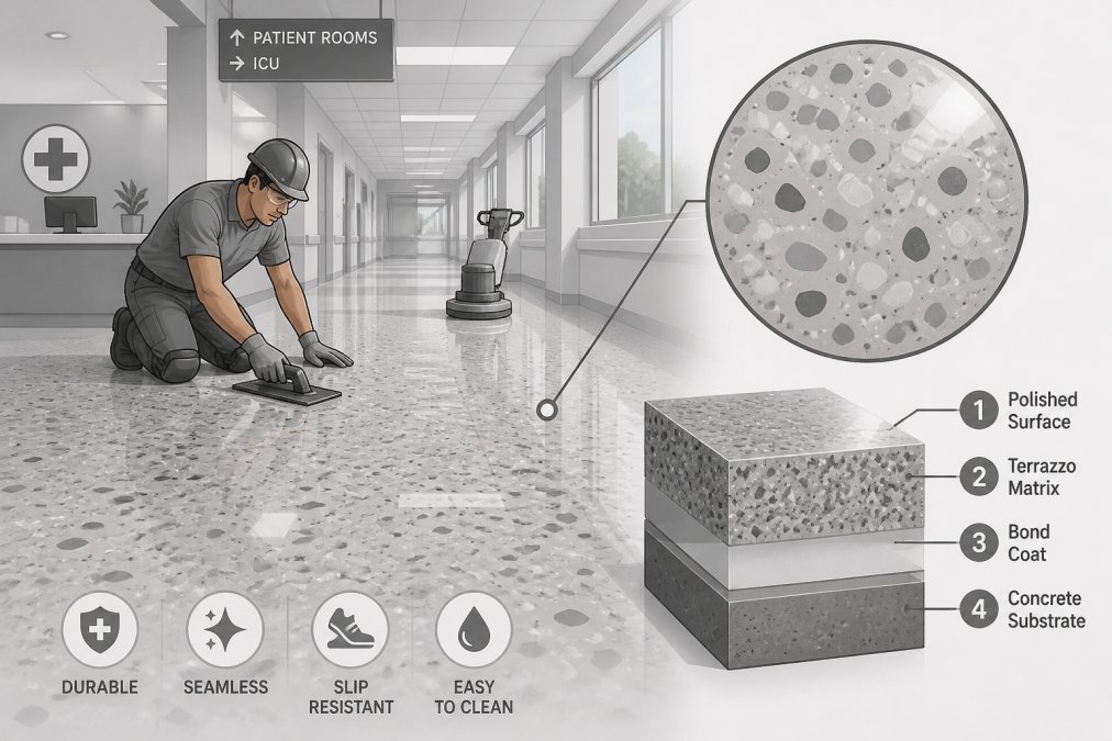 Professional installing polished terrazzo flooring in modern hospital corridor with natural light reflecting off the seamless surface, showing the marble chips and resin finish