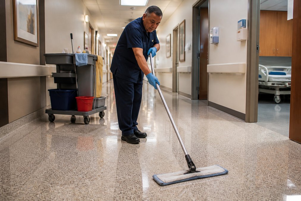 Facility maintenance worker cleaning a terrazzo floor with neutral cleaner and specialized mop equipment in a clinical hospital hallway setting, demonstrating proper sanitation technique