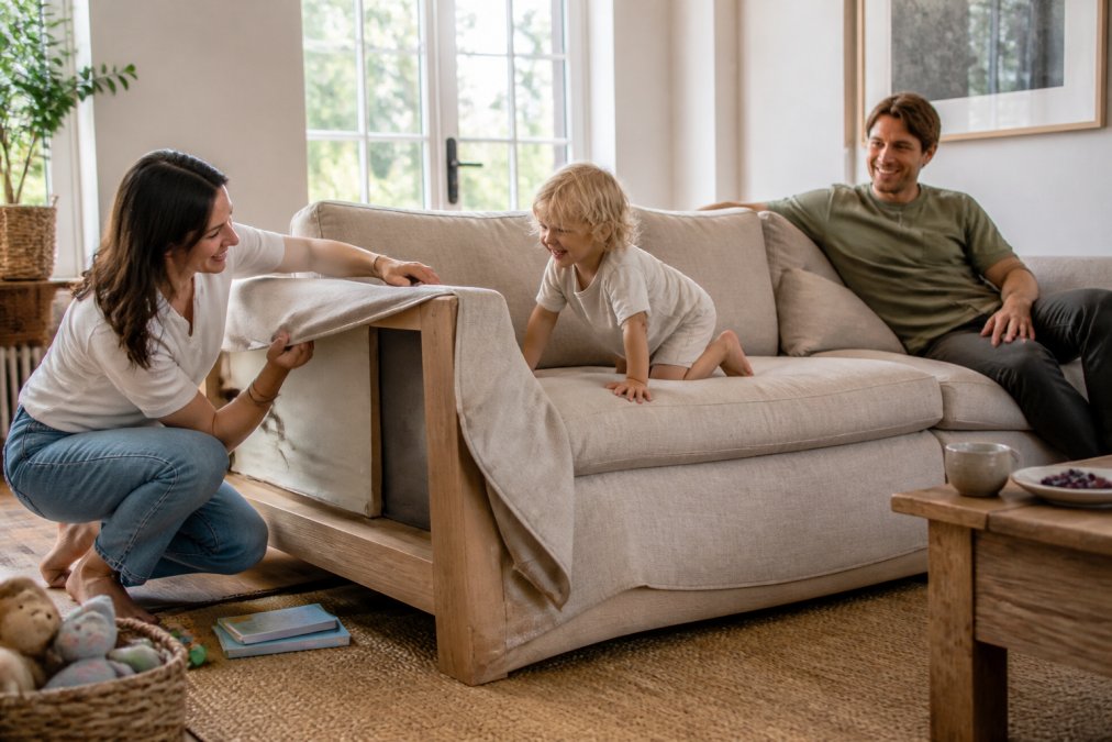 A bright family living room with a loose-cover sofa being used by parents and a toddler; one cover partially removed to show the washable fabric and hardwood frame underneath