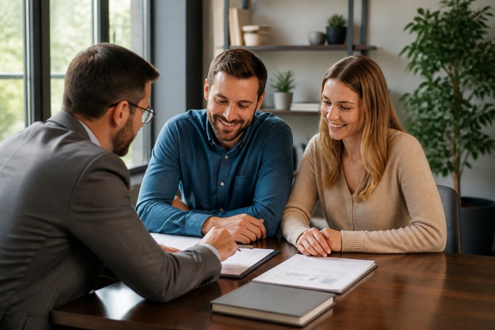 First-time homebuyer meeting with mortgage lender at professional desk, reviewing loan documents and discussing mortgage options with friendly, attentive advisor in modern office with natural lighting