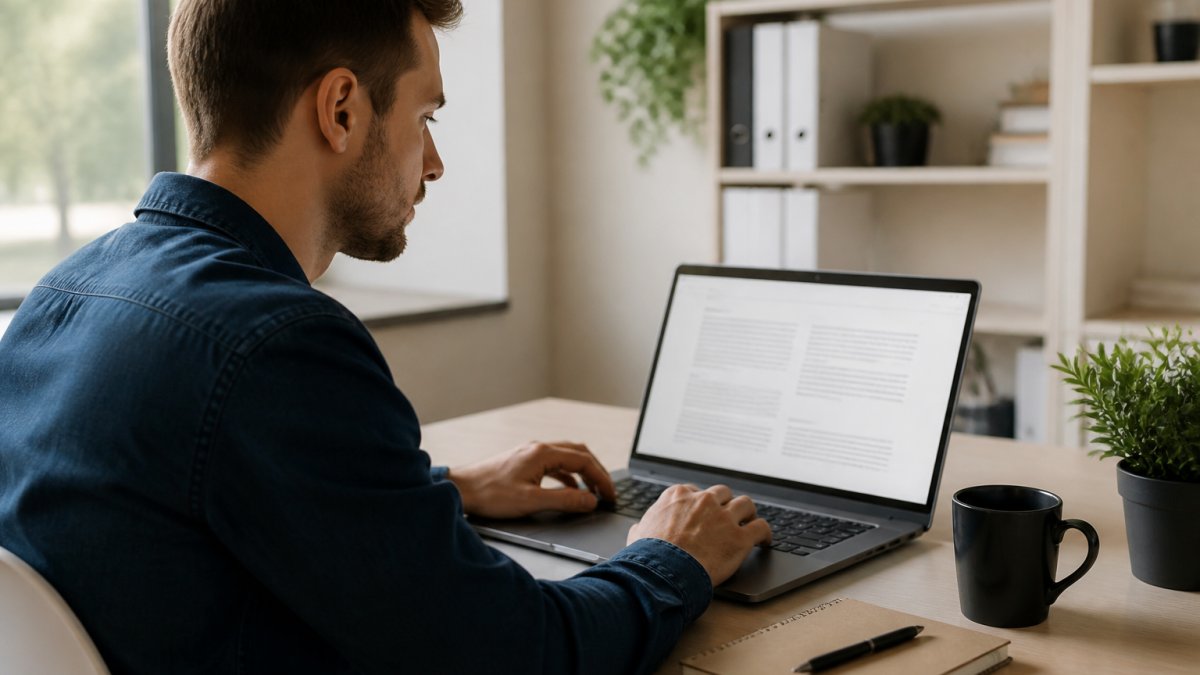 Professional writer at desk with laptop open, focused on screen displaying text being transformed, natural office lighting with coffee cup nearby