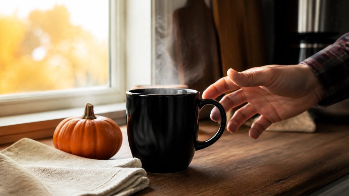 A cozy kitchen counter scene with a black ceramic mug of steaming coffee beside a small pumpkin and a folded linen napkin, morning light through a window, a hand reaching for the mug